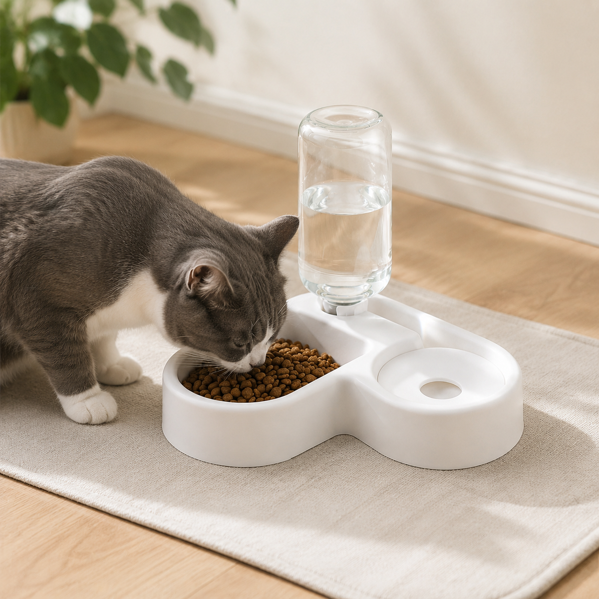 Cat eating from a white automatic food and water bowl
