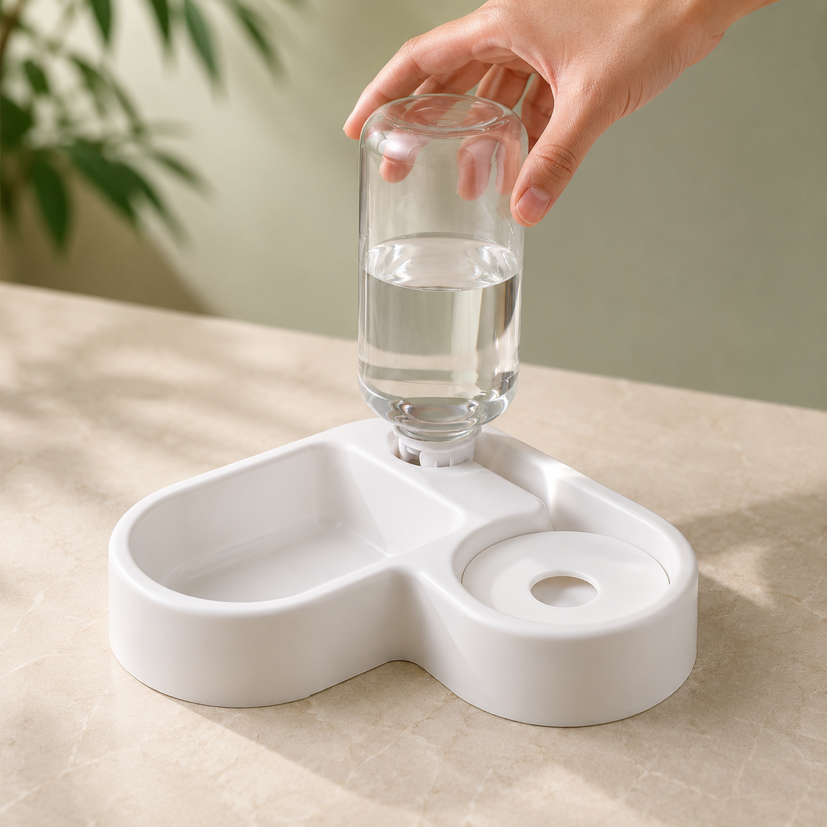 Hand attaching the water reservoir to the automatic pet feeding station