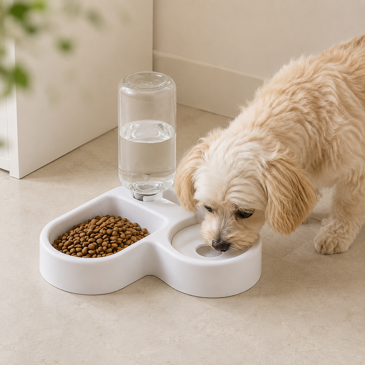 Small dog drinking from a 2-in-1 food and water bowl