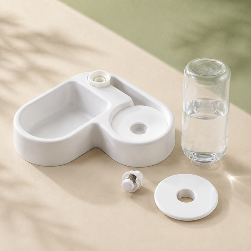 Components of the 2-in-1 pet bowl with water reservoir and removable drinking plate