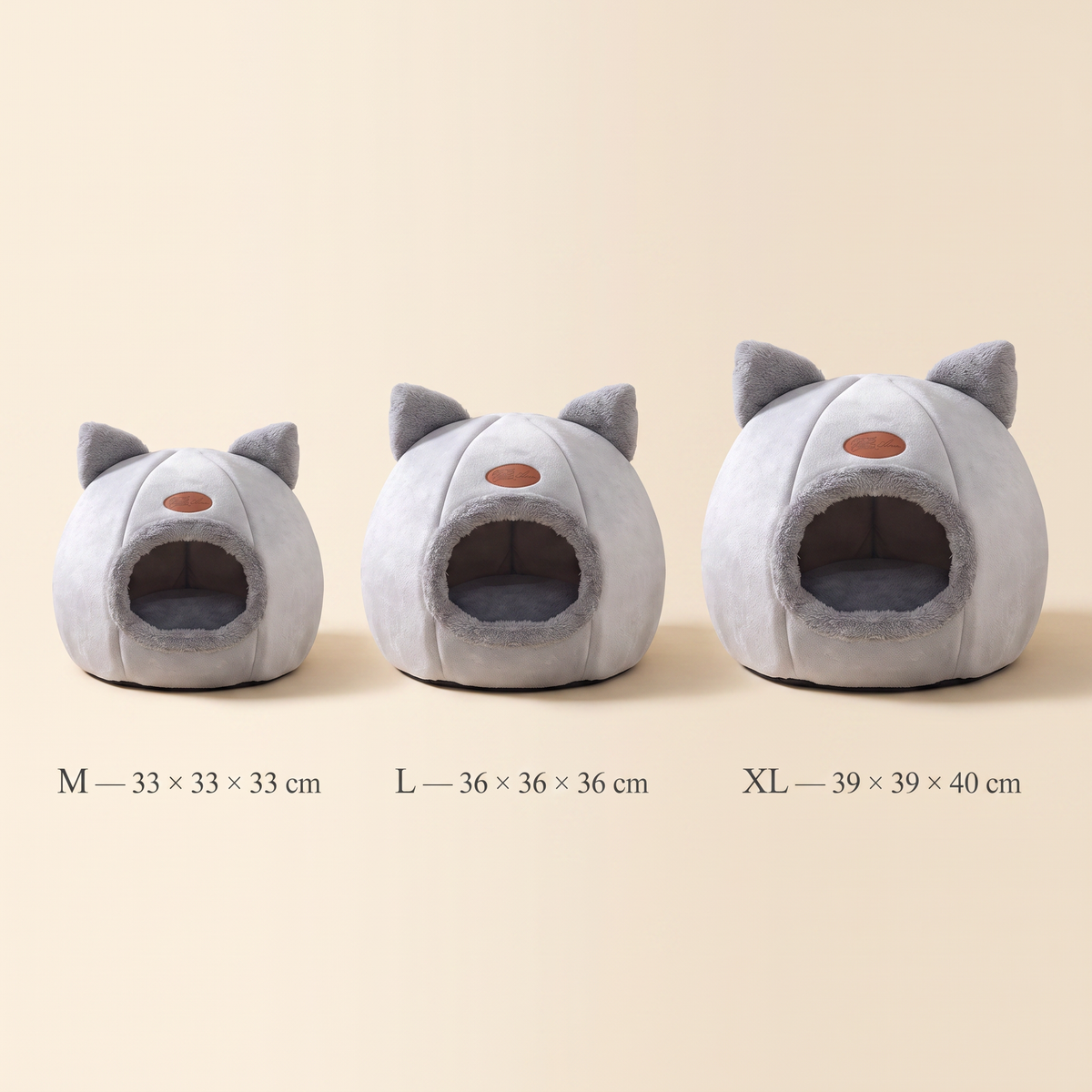 Cozy Cat-Ear Cave Bed size comparison — M, L and XL