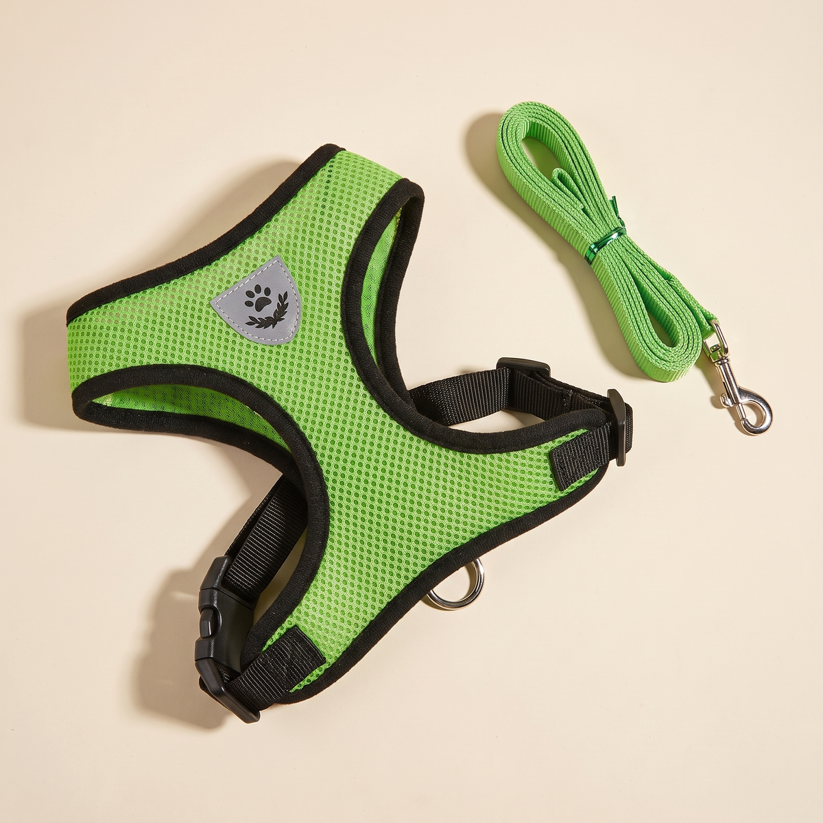 Reflective green mesh dog harness and matching leash flat lay