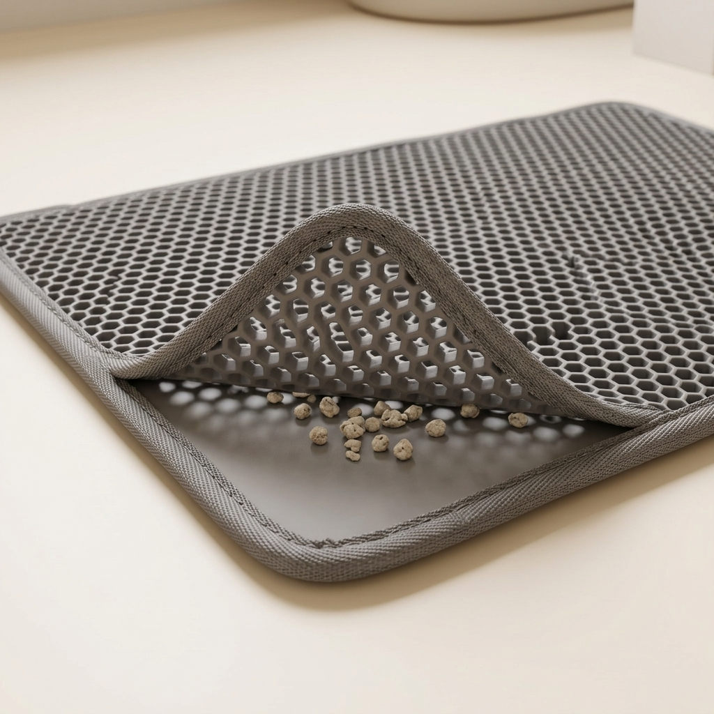 Close-up of the double-layer cat litter mat trapping clean litter between layers