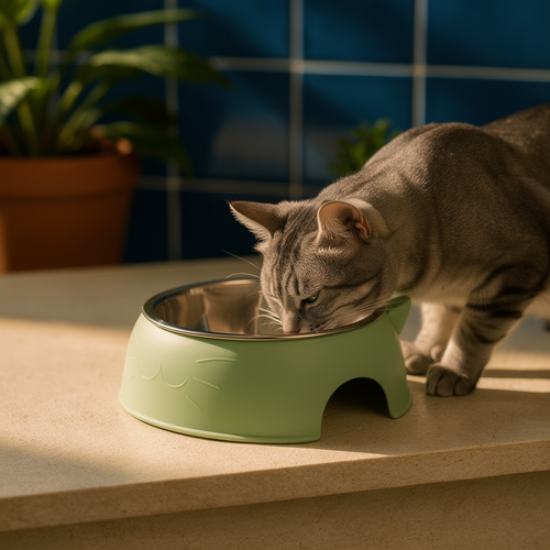Cat eating from a green elevated stainless steel bowl