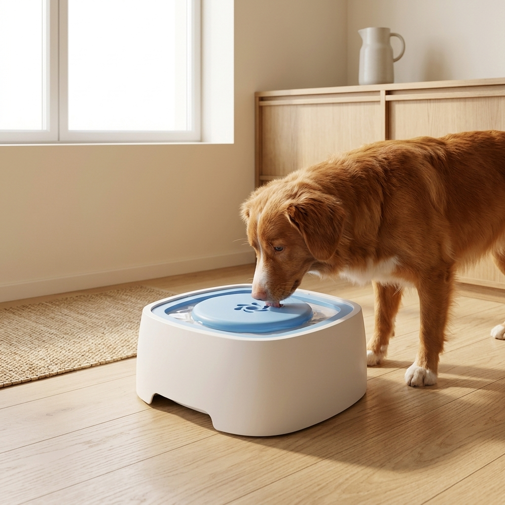 Dog drinking from an anti-splash floating disc water bowl in a modern feeding area