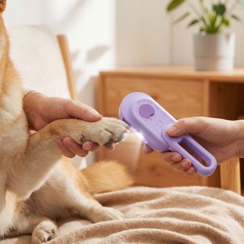 LED pet nail clippers being used carefully during a calm at-home grooming session