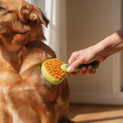 Dog being groomed with a green mist grooming brush in natural light
