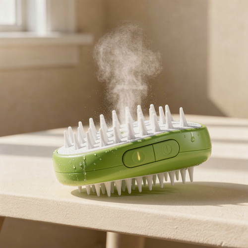 Green 3-in-1 mist grooming brush on a warm natural background