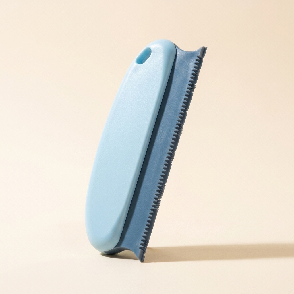 Reusable pet hair remover brush on a warm neutral studio background
