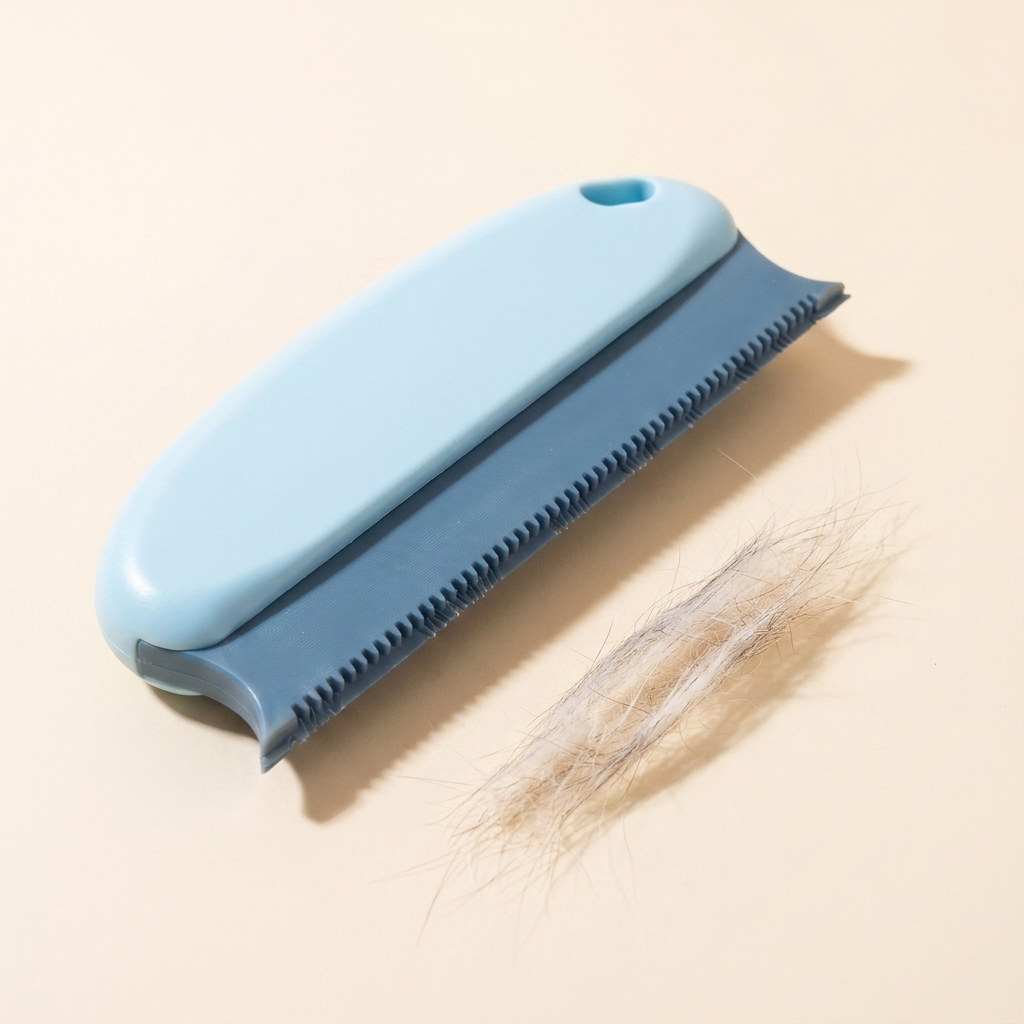Reusable pet hair remover brush with gathered pet hair on a neutral studio surface