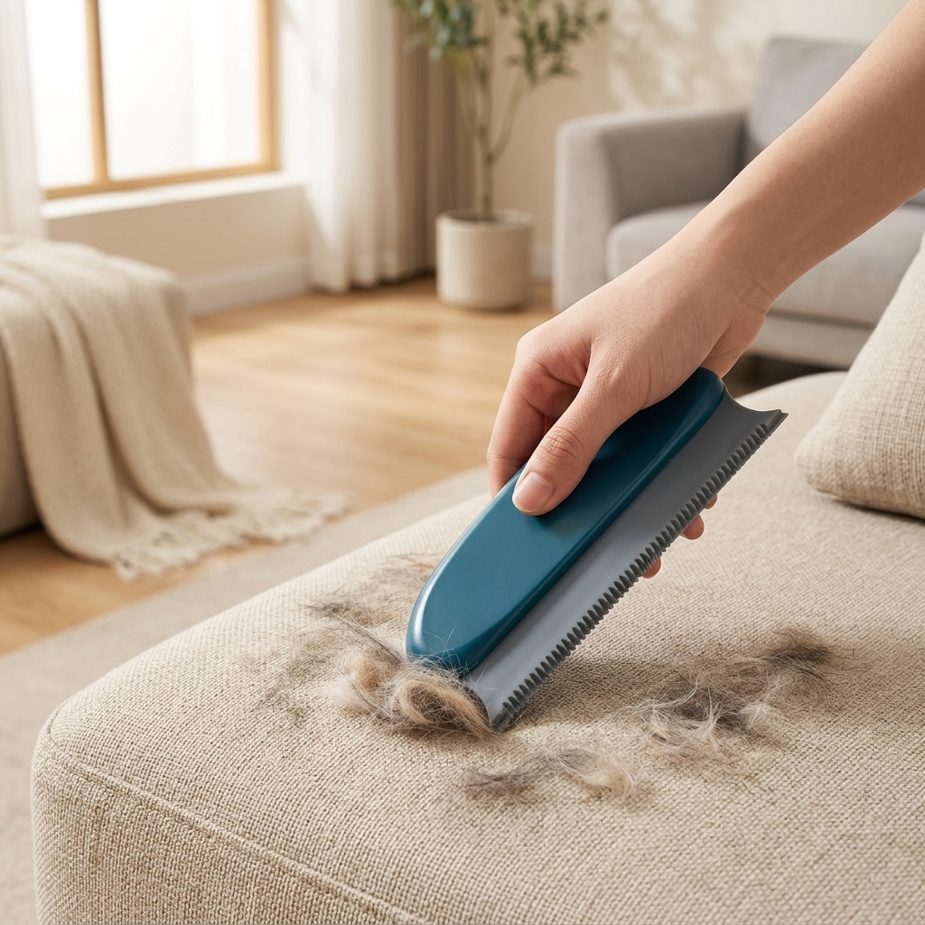 Reusable pet hair remover brush being used on a beige fabric sofa