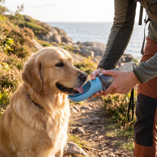 Portable dog water bottle being used to offer water to a dog outdoors