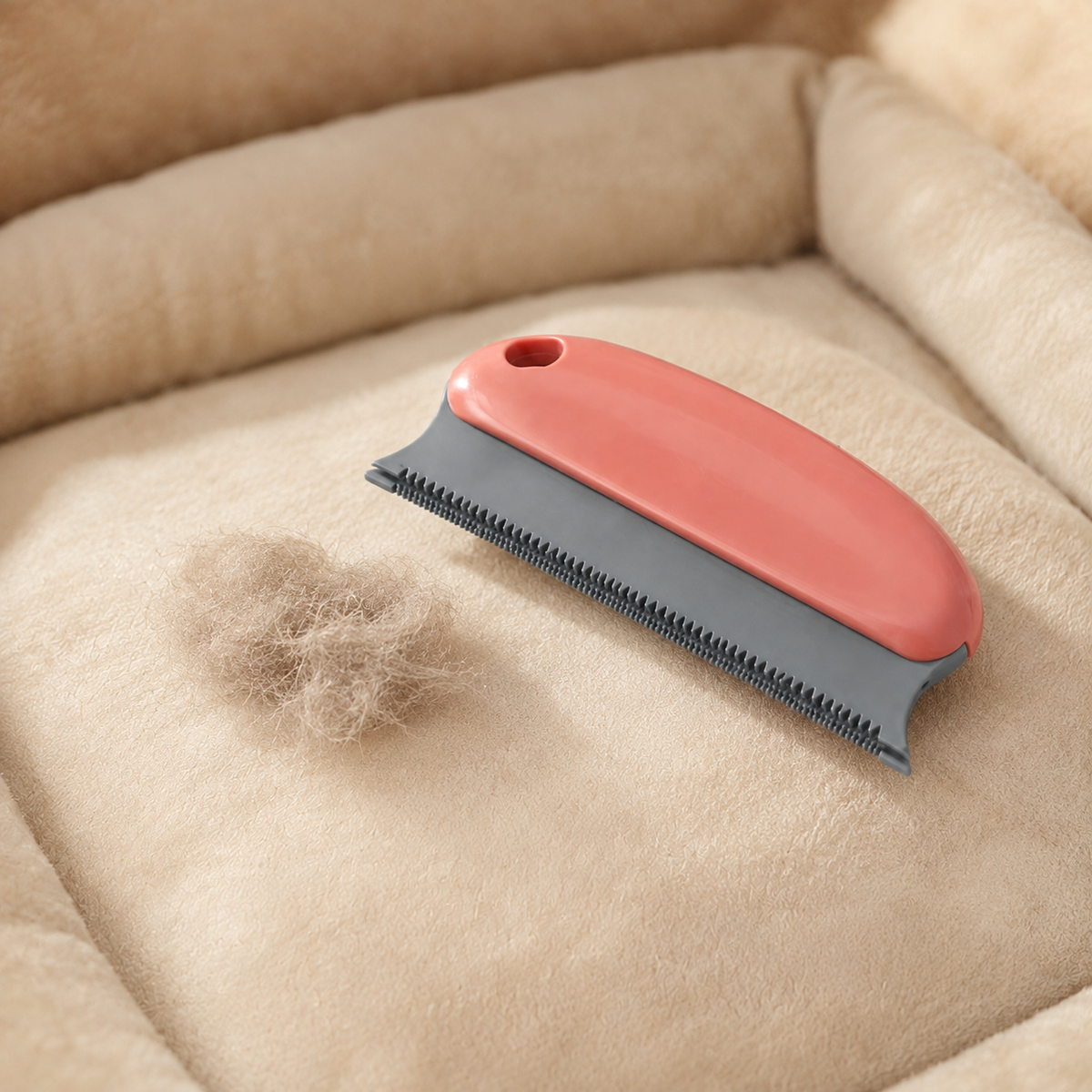 Reusable pet hair remover scraper beside a small tuft of collected pet hair