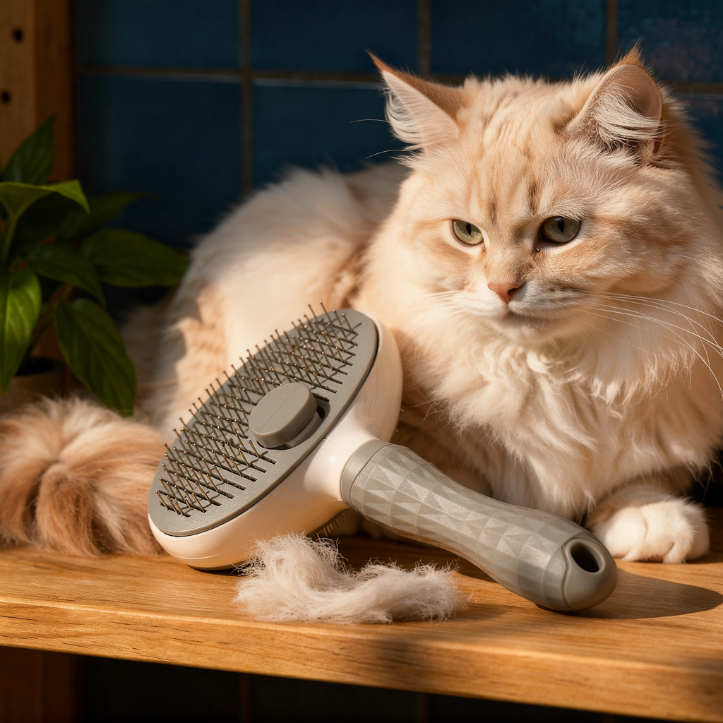Gray self-cleaning slicker brush beside a fluffy cat after grooming