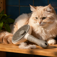 Gray self-cleaning slicker brush beside a fluffy cat after grooming