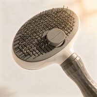 Close-up of the fine pins and push button on the self-cleaning slicker brush