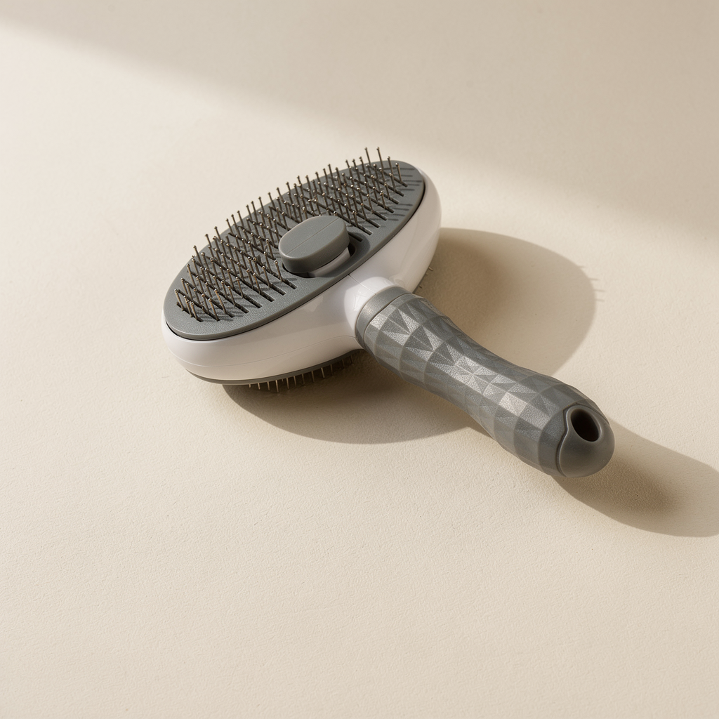 Gray one-click self-cleaning slicker brush on a warm natural background